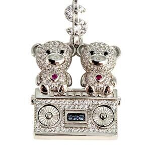 925 Sterling Silver Double Teddy Bear Pendant W/ CZ Accents And Dollar Sign Bail